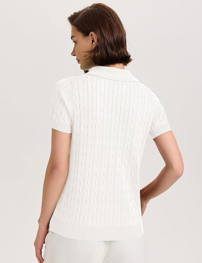 Micoson Womens Short Sleeve Sweater Tops Lapel V Neck Polo Shirts 2026 | Summer Cable Knit Loose Blouses, Business Casual Outfits