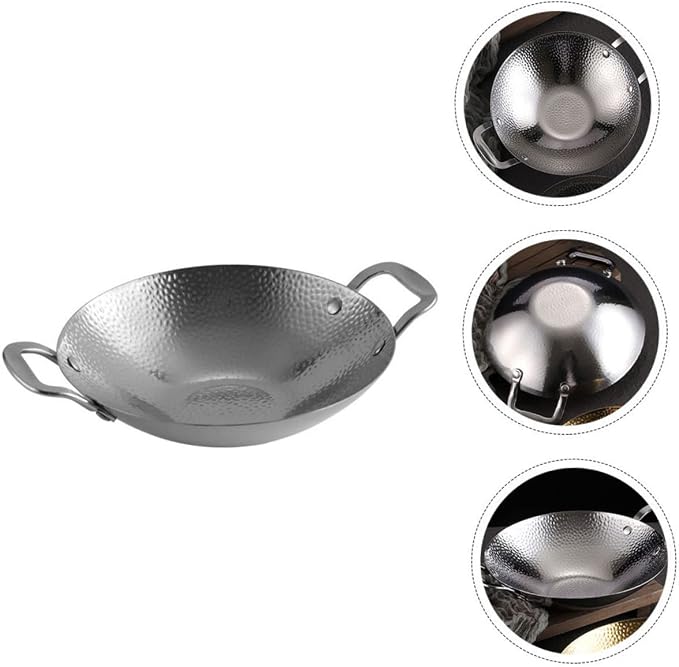 PRETYZOOM Double Handle Hammered Wok Pot Stainless Steel Cooking Pan for Korean BBQ and Home Use Small Metal Kitchen Pot with Sturdy Construction