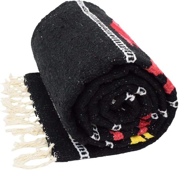 Open Road Goods Thick Mexican Yoga Blanket - Serape Fish Design - Handmade (Black)