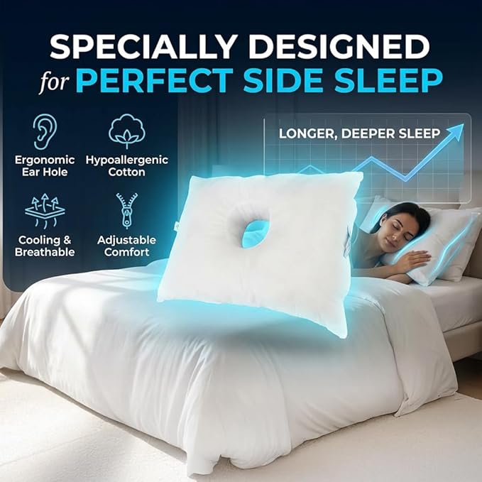 SleepEasy [USA Made] Cotton Comfort CNH Pillow with Ear Hole for Side Sleepers, Pressure and Pain Relief, Ergonomic, Breathable, and Hypoallergenic with Soft Revoloft Fill, Made in The USA