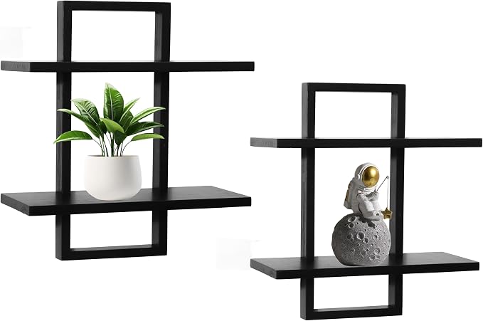 Floating Shelves for Wall,Decorative Wall Shelves Black,Plants Shelf Framed | Square Wall Decor,Art Sconces Artificial Vases Hanging Storage Shelf for Bathroom Living Room Elegant,Wood,2 Tier,Set of 2