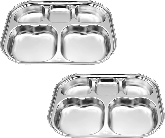 Korean Stainless Steel Non-Toxic Divided Plates for Toddlers & Kids 2-Pack | Premium 304 Electro-Polished Stainless Steel, No Black Residue, BPA-Free Tray for Picky Eater Babies and Littles