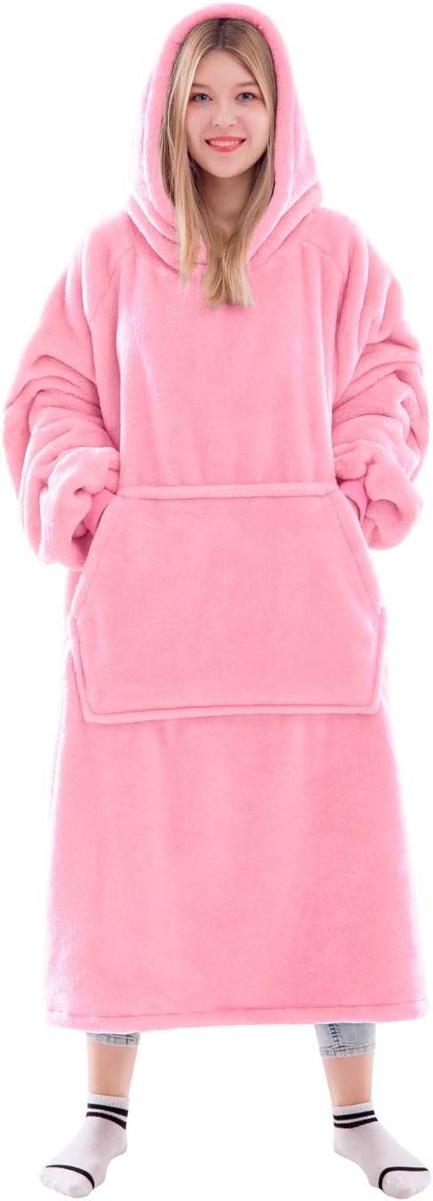 Waitu Wearable Blanket Sweatshirt Gifts for Women and Men, Warm and Cozy Giant Blanket Hoodie, Thick Flannel Blanket with Sleeves - Bright Pink