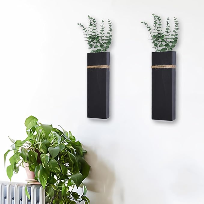 Wall Planters for Indoor Plants-2 Pack Wood Wall Vases for Dried Flowers & Artificial Plants Modern Farmhouse Wooden Vase for Living Room Bedroom Kitchen Decorations - Black