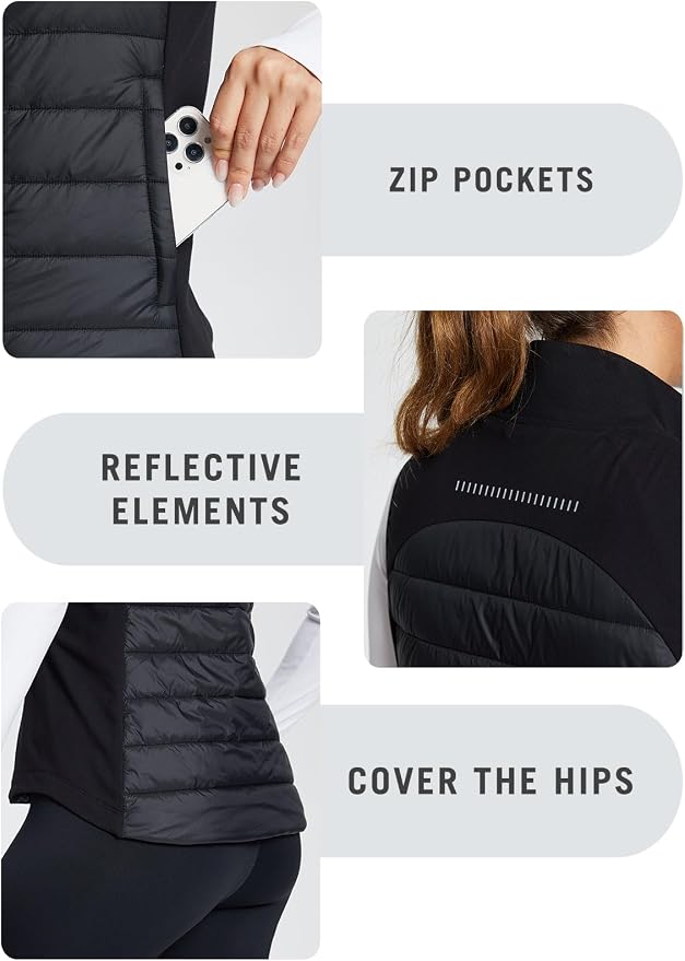 baleaf Womens Lightweight Warm Puffer Vest Winter Running Sleeveless Jacket | Zip Pockets & Soft Curve Design, Windproof, Water-Resistant and Noiseless Fabric, Suitable for Running, Hiking in 20°F-60°F