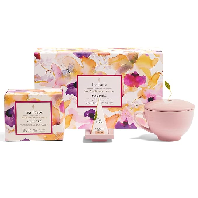 Tea Forte Gift Set with Cafe Cup, Tea Tray, Mini Presentation Box with 10 Handcrafted Pyramid Infuser Tea Bags, Mariposa Tea