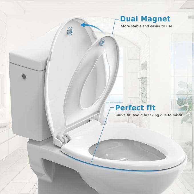 2-Pack Elongated Toilet Seats with Built-In Potty Training, Adult and Child Design with Soft Quiet Close and Non-Slip Features, Magnetic Kids Seat and Cover, White Color for Elongated/Oval Toilets