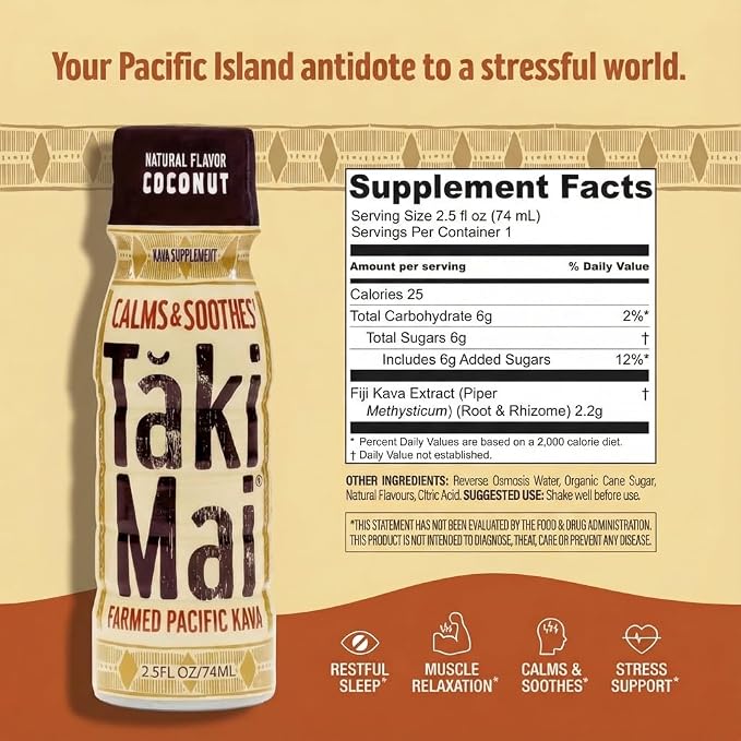 Taki Mai Coconut Kava Kava 2.5 oz (6-pack) Shots – Noble Kava Root Drink, Ready to Drink for Stress Support & Relaxation, Fast Acting Herbal Support for Calming Better Sleep and Balanced Mood