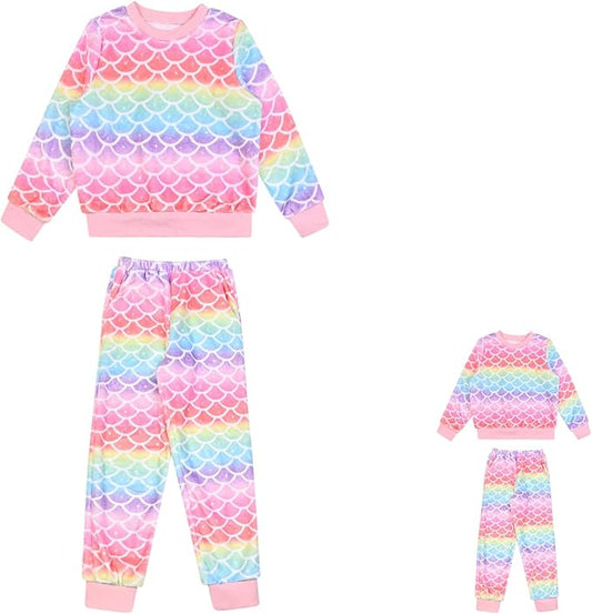 QPANCY Matching Doll & Girls Fleece Pjs Set kids Fall Winter Long Sleeve Sleepwear 2 Piece Pajamas