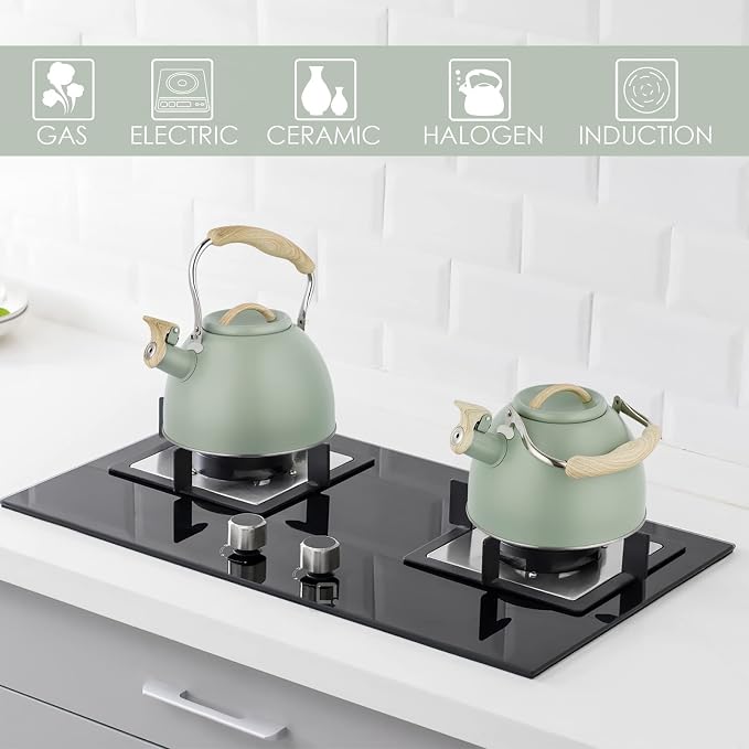 Tea Kettle -3.0 Quart Whistling Tea Kettle for Stove Top Stainless Steel Tea Pot Stovetop Food Grade Water Kettle with Wood Pattern Handle for Coffee/Tea/Milk Kettle Pot-Green