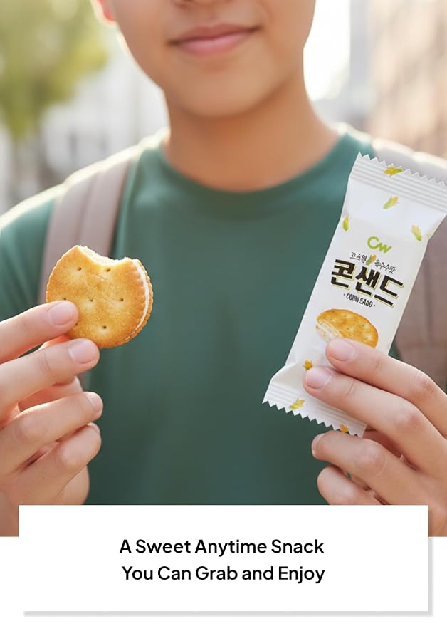 Korean Food CW Corn Sandwich Biscuits Sweet Corn Cream 12 Packs 12.7oz | Crispy sandwich biscuits with sweet corn cream filling. Family pack includes 12 individual snack packs, 12.7 oz total.