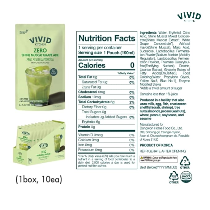 VIVID KITCHEN Korean Grape Ade – Shine Muscat Flavor – Zero Sugar, Zero Calories – 6.4 fl oz (10 Pouches) – No Preservatives or Corn Syrup – Natural Korean Drink for Hydration & Refreshment