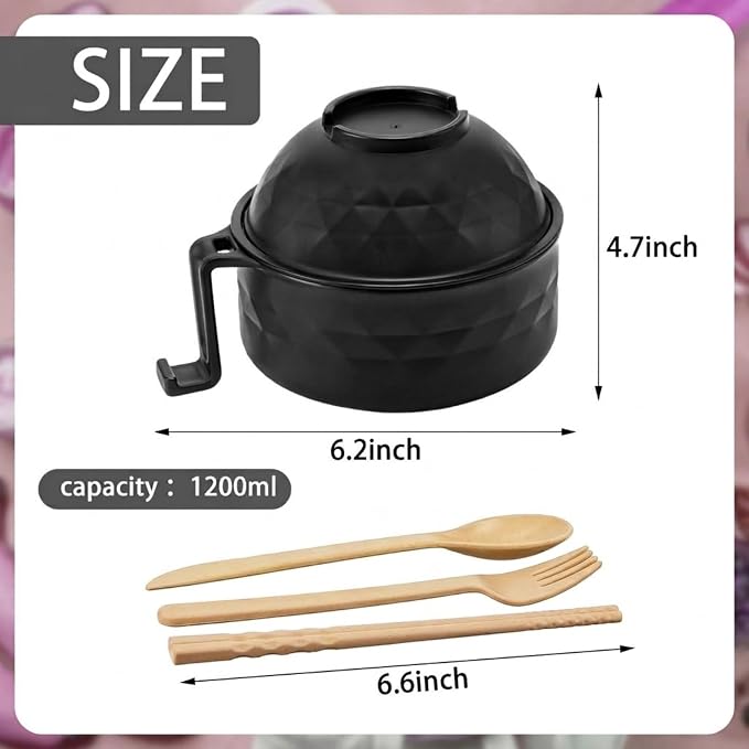 1 Set Microwave Ramen Cooker 40oz Wheat Straw Microwave Noodle Bowl Set with Chopsticks, Spoon, Fork, College Dorm Office Apartment Essentials (Black)