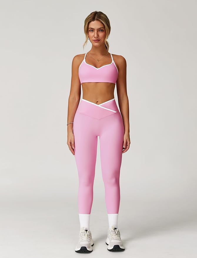 ABOCIW Workout Sets for Women 2 Piece Color Block Strappy Sports Bra High Waist Shorts Gym Yoga Pilates Outfits