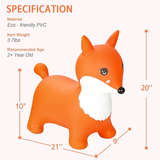 INPANY Fox Bouncy Horse Hopper Toys, Toddlers Bounce Zoo Animal Toys, Inflatable Hopping Horse Buddies, Ride on Rubber Bouncer, Outdoor Indoor Baby Birthday Gifts Toy for 2 3 4 Year Old Girls Boys
