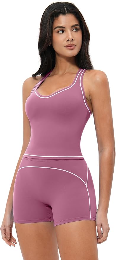 QBGJTD Two Piece Workout Sets for Women Color Block Racerback Tank Tops and High Waist Shorts Gym Yoga Outfits