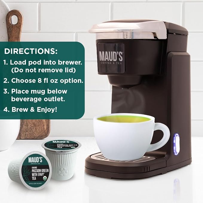 Maud's Organic Passion Green Tea Pods, 24 ct, Single Serve Tea Pods – 100% Gourmet Blended Tea Leaves, Compatible with Keurig K Cups Maker