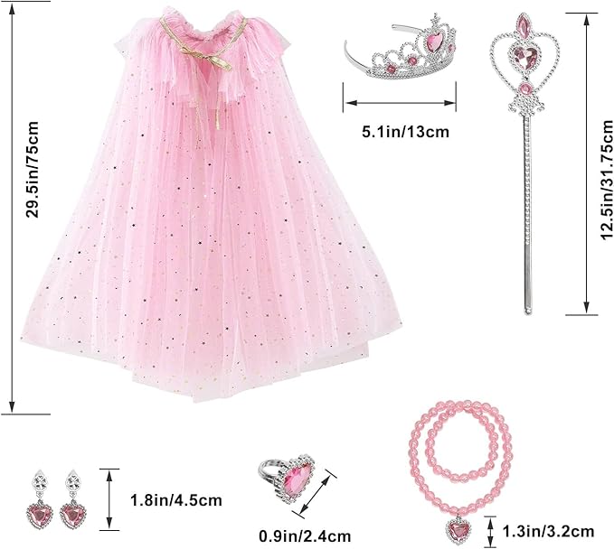 Princess Dress Up Clothes, 7pcs Princess Cape Crown with Wand for Girls 3-8 Years Toddler Princess Dress Up for Birthday Gift