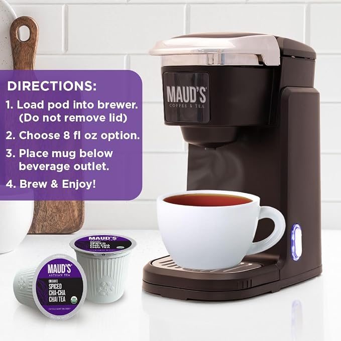 Maud's Organic Chai Tea Pods, 24 ct, Single Serve Tea Pods – 100% Gourmet Blended Tea Leaves, Compatible with Keurig K Cups Maker