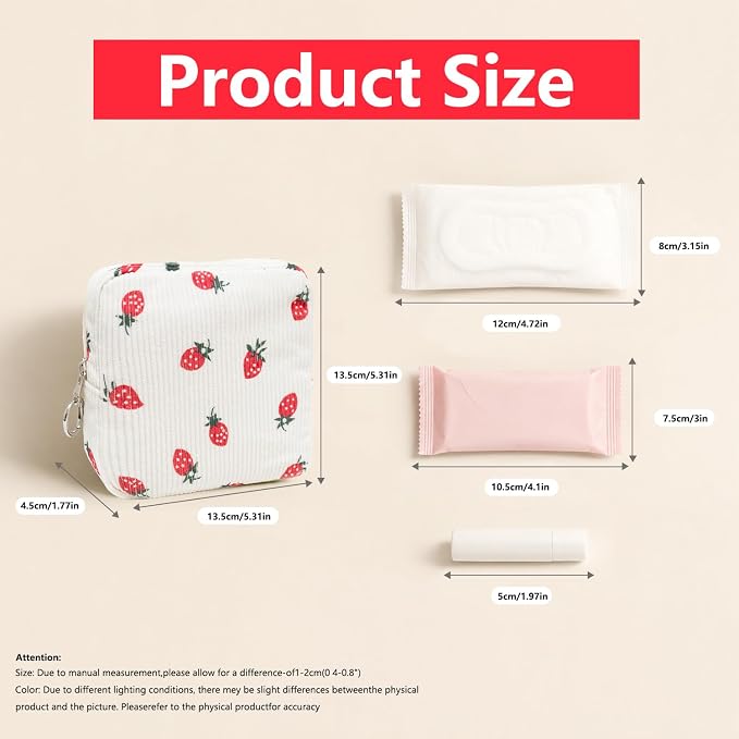 Period Bag for Girls, Corduroy Period Kit with Sanitary Pad Pouch, Menstrual Storage Bag and Tampon Holder for Purse, Girls School Essentials,Feminine Care Organizer(Strawberry)