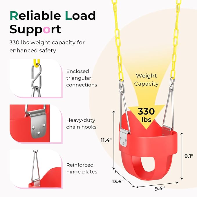 DECORLIFE Toddler Swing - High Back Full Bucket Seat for Ages 1-3, 330lb Capacity, Baby Infant Swing Outdoor with Safety Design, Plastic-Coated Chains, Carabiners for Backyard, Garden-Red