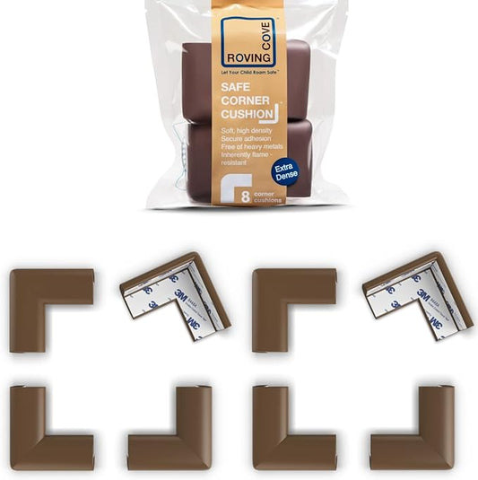 Roving Cove Slimfit Corner Protector for Baby Proofing (8 Small Corners), Soft Rubber Foam Furniture Corner Bumper Guards, 3M Adhesive Pre-Taped, Coffee Brown