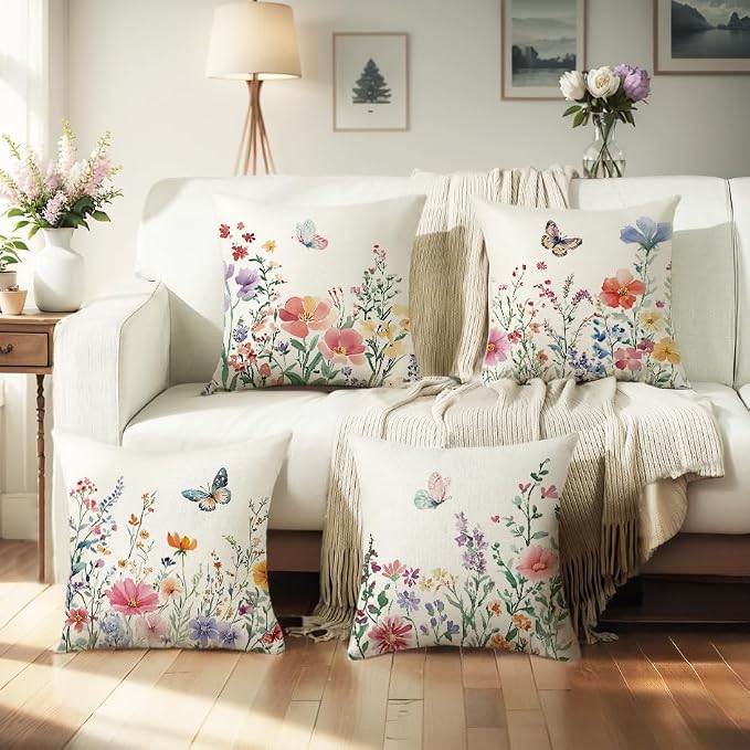 wyooxoo Spring Pillow Covers 20x20 Set of 4 Summer Farmhouse Throw Pillow Covers Floral Butterfly Decorative Cushion Cases for Sofa Couch Patio Bedroom