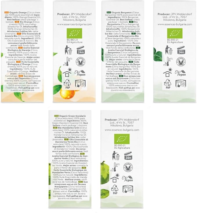 Citrus Set Organic Essential Oils |1.52 Fl Oz | Orange + Green Mandarin + Bergamot | 100% Pure and Natural | Undiluted | Therapeutic Grade | Non-GMO | (3 pcs x 15 ml)