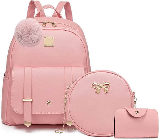MACCINELO Cute Leather Mini Backpack Purse for Women Bowknot Small Backpack for Girls gift Rucksack Ladies Shoulder Bag 3pcs