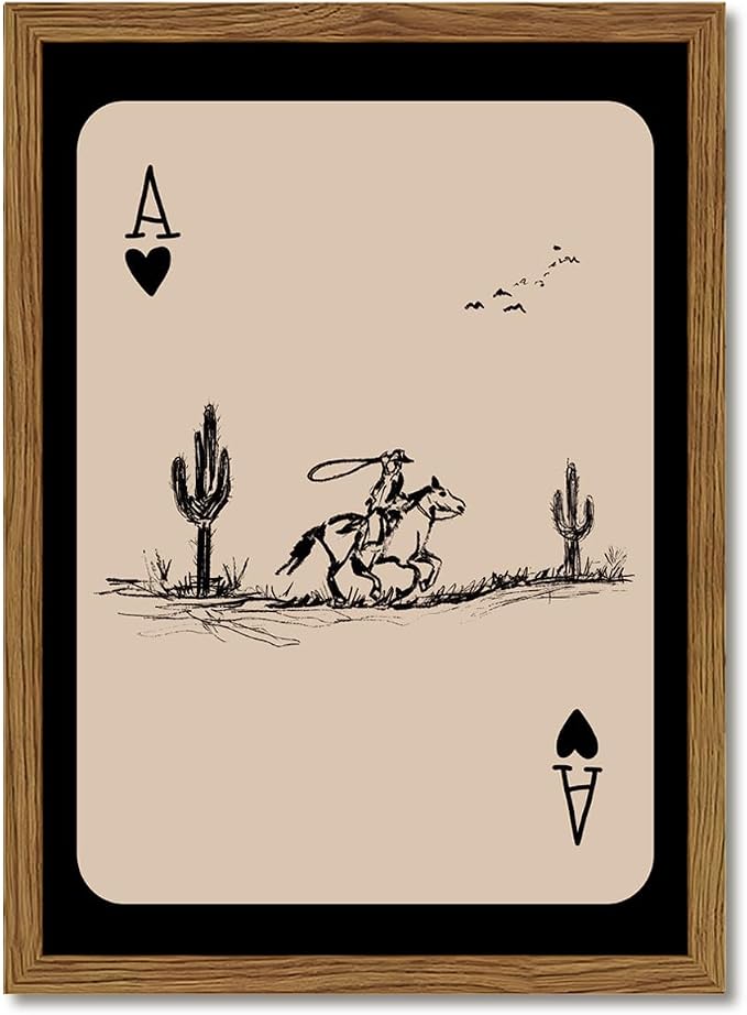 Western Cowboy Wall Art Vintage Southwest Wall Decor Painting, Western Playing Card Canvas Prints, Retro Cactus Sketch Artwork for Bedroom Living Room 24x36 inch Wood Framed