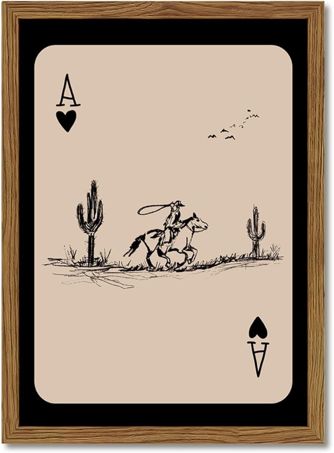 Western Cowboy Wall Art Vintage Southwest Wall Decor Painting, Western Playing Card Canvas Prints, Retro Cactus Sketch Artwork for Bedroom Living Room 16x24 inch Wood Framed