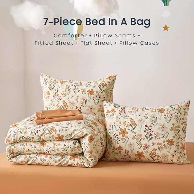 Wake In Cloud - Floral Bedding Set for Girls, Cute Colorful Botanical Flowers Patterned Soft Lightweight Comforter Set with Sheets, 7 Pieces Kids Bed in a Bag, Orange Cream, Full Size