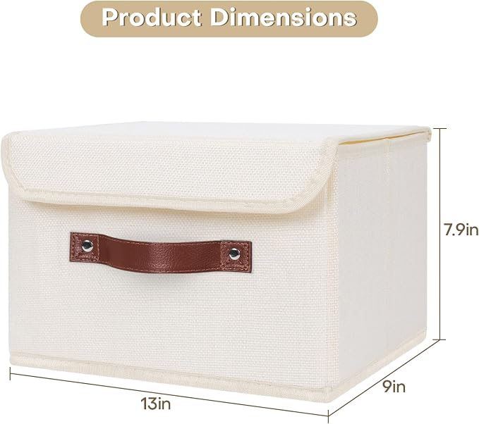 ANMINY Fabric Storage Box Bins with Lids, Beige, 13"x9"x7.9", 2 Pack | Keepsake Memory Storage, Cotton Linen, PP Board Reinforced, Washable, PU Handles, Foldable & Stackable, Decorative, Medium