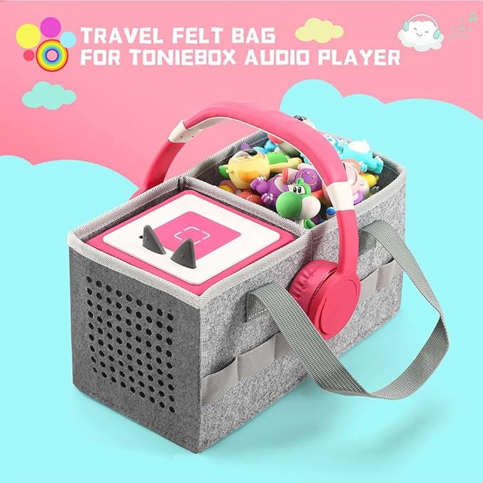 PISOSN Carrying Case for Toniebox Starter Set and Tonies Figurines, Travel Felt Cloth Musical Toy Folding Bag for Toniebox 2 & Accessories (Gray)