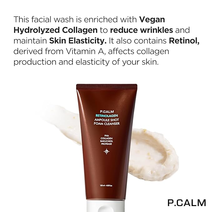 P.CALM Retinolagen Ampoule Shot Foam Cleanser – Retinol, Vegan Hydrolyzed Collagen & PHA for Pore Cleansing & Gentle Exfoliation, Korean Glass Skin (120ml / 4.05 fl.oz)