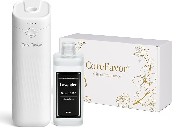 Waterless Essential Oil Diffuser (M60) with 120ml Oil, Portable Battery-Operated Cold Air Aroma Scent Machine, 4 Adjustable Intensity Levels, Quiet Diffuser for Bedroom Office Car (Lavender)