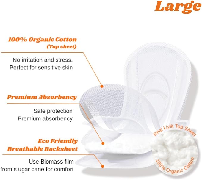 Livlit Large Size Ultra Thin Sanitary Pads, 100% Organic Cotton from Texas, Powerful Leak Protection, Unscented, Chlorine Free and Absorbency of Feminine Periods, Pads for Women (12 Count)