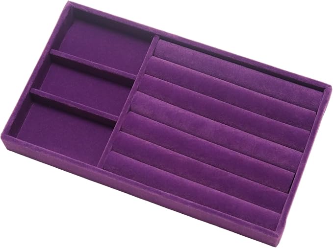 Velvet Jewelry Trays for Drawers, Purple, 2-in-1 | Stackable Jewelry Drawer Organizer, Ring Earring Necklace Bracelet Holder Organizer Display Tray with Removable Divider