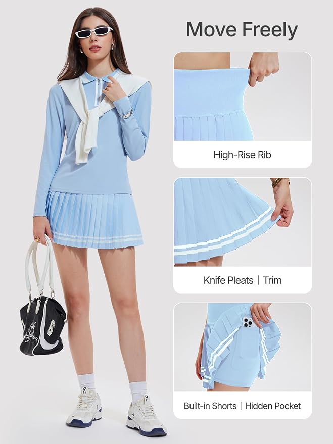 Women's 2-Piece Tennis Skirt Set, Polo V-Neck Top & High-Waisted Pleated Skirt, Athletic Outfit for Golf Pickleball