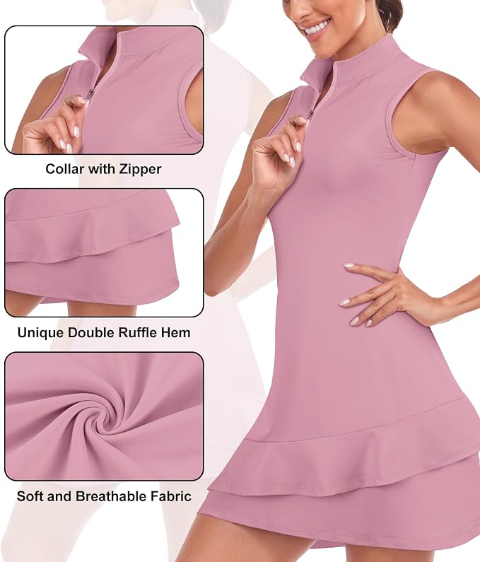 Viracy Tennis Dress for Women Sleeveless Golf Dresses with Shorts and Pockets Ruffle Zip Up Stand Collar Golf Outfits