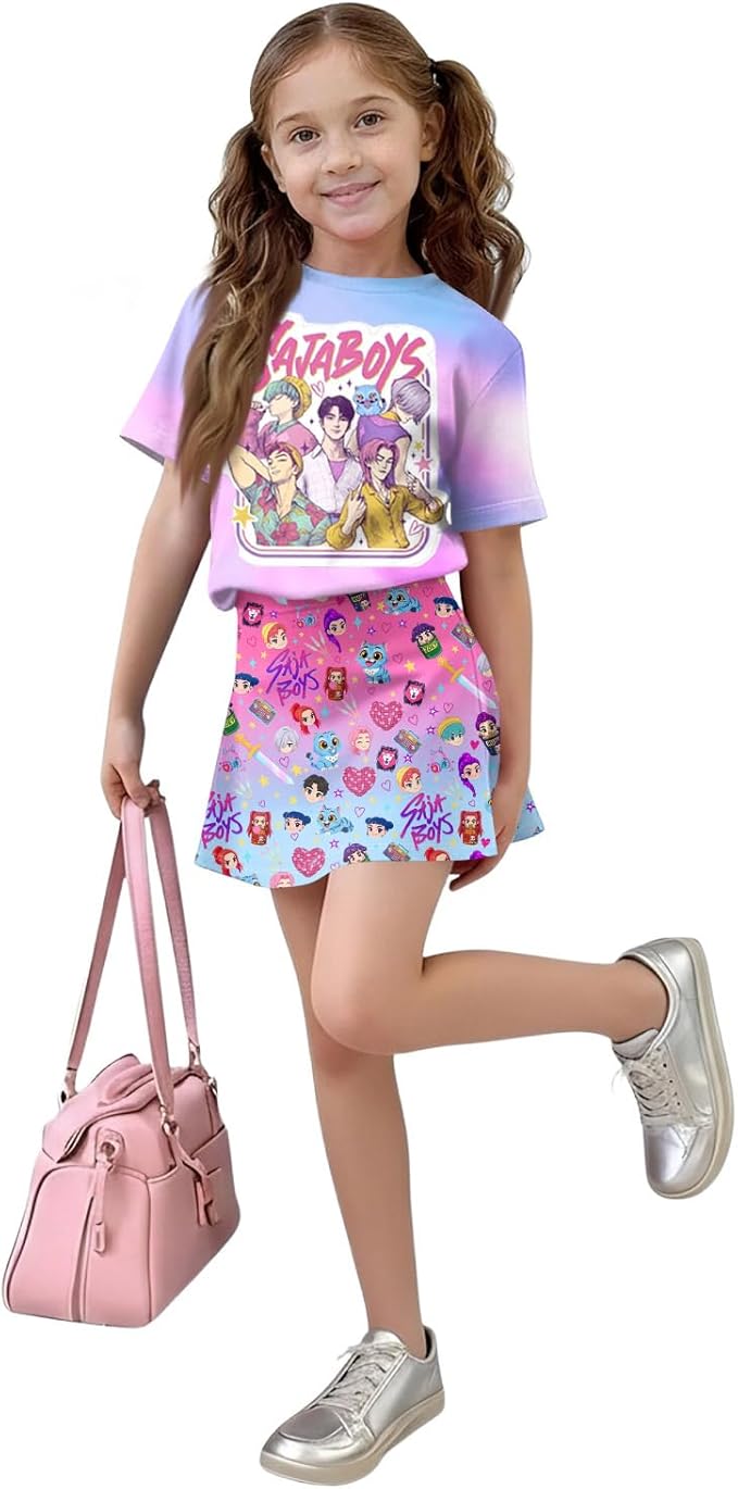 HTHLVMD K Pop Short Sleeve T-Shirt and Skirts Outfits Set for Girls Hunters Rumi Mira Zoey Graphic Tees De-Mon Costume