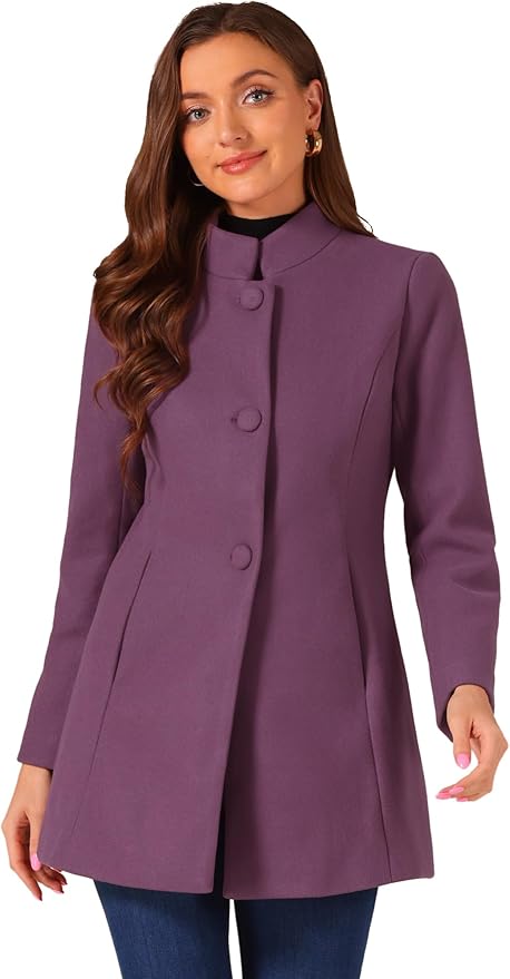 Allegra K Women's Winter Overcoat Mid-Long Stand Collar Single Breasted Coat Outerwear