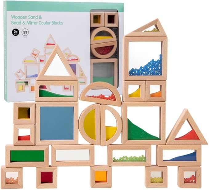Rainbow Sensory Toys Blocks,15 Pcs Large Wooden Building Blocks for Toddlers Baby Kids,Colorful Geometric Stacking Toys, Preschool Educational Toy Set