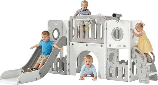 Arlopu 9 in 1 Toddler Slide Set, Kids Large Climber Slide Playset w/Long Slope, Telescope, Storage Space, Enclosed Steps, Indoor Outdoor Playground (White & Gray)