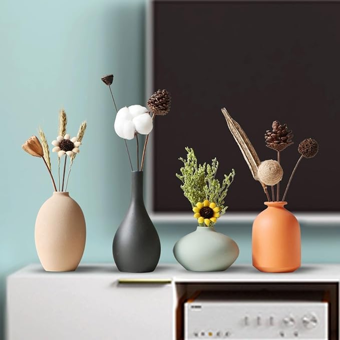 Vase Set of 4 with Dried Flower for Shelf Home Decor Matte Ceramic | For Modern Minimalist Bohemian, Pampas Grass, Home, Office, Shelf, Living Room, Bedroom,Entryway,Farmhouse Decor