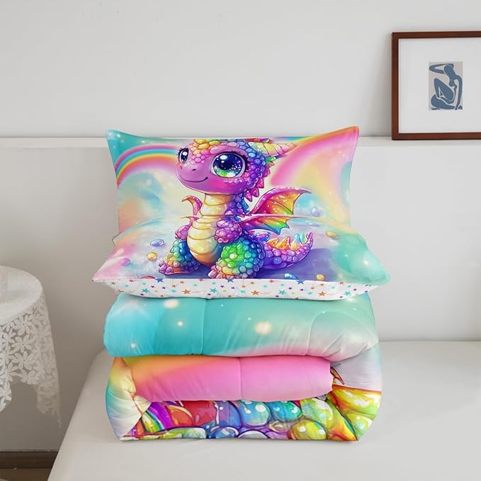 Feelyou Dragon Comforter Set Toddler Size Dragon Stuff Comforter for Boys Girls Teens Cute Bedding Set Dragon Decor Duvet Set Room Decor Multicolored Quilt Set