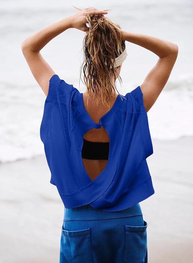 Kumufenc Women Short Sleeve Workout Shirts Open Back Tops Casual Yoga Y2k Athletic Gym Slouchy Crop Running Tees