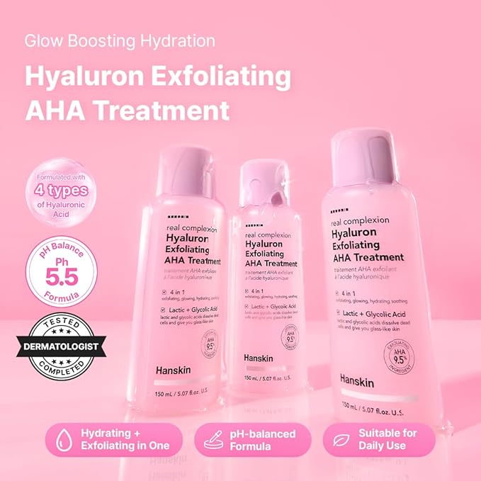 Hanskin Hyaluron Exfoliating AHA Treatment – Korean Exfoliating Toner with Glycolic & Lactic Acid for Smooth, Hydrated, Glass Skin | pH-Balanced Daily Skin Booster for Dull, Dry Skin, 5.07 fl oz