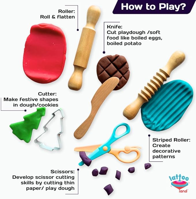 Lattooland Dough Tools Set of 5 - Sculpting Tools to Roll, Cut, Flatten | Wooden Rollers & Knife | Child-Safe Scissor | Pretend Play Kitchen | Clay Mould for Kids Ages 2-7 | Art & Craft