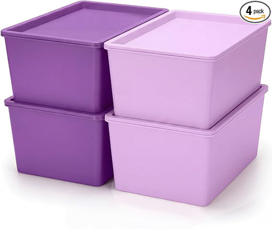 4 Pcs Storage Bins with Lids Plastic Stackable Containers for Classroom Room Organizing Shelves Christmas Ornament Box Baskets(Dark Purple, Light Purple,Small)